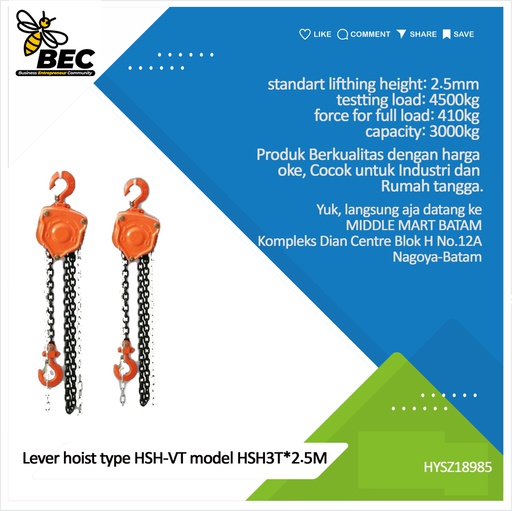 [HYSZ18985] Lever hoist,type:HSH-VT, model:HSH3T*2.5 M,capacity:6000 kg,standard lifting height:2.5 m,testing load:7500kg,force for full load:410 kg,load chain:dia 9*pitch27mm,Hmin headroom:650 mm,handle length:410mm,N.W/G.W:17/19KG,Package size:48*21*23cm