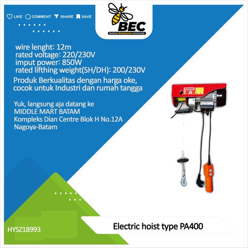 [HYSZ18993] Electric hoist，type：PA400,wire length:12m, rated voltage:220/230V,imput power:850W,220v,50Hz,rated lifting weight(SH/DH):200/400KG,lifting speed(SH/DH):10/5m/min,lifting height(SH/DH):12/6m,N.W./G.W:15/15.5KG,package size:42*15*25cm