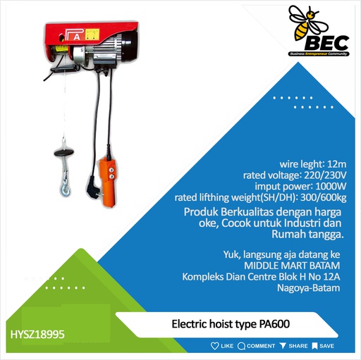 [HYSZ18995] Electric hoist，type：PA600,wire length:12m, rated voltage:220/230V,imput power:1150W,220v,50Hz,rated lifting weight(SH/DH):300/600KG,lifting speed(SH/DH):10/5m/min,lifting height(SH/DH):12/6m,N.W./G.W:16.5/17KG,package size:42*15*25cm