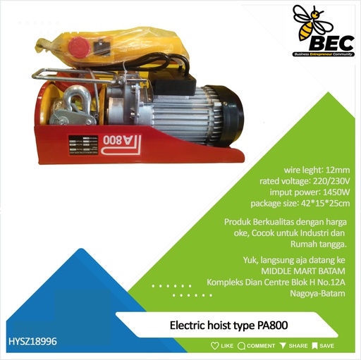 [HYSZ18996] Electric hoist，type：PA800,wire length:12m, rated voltage:220/230V,imput power:1450W,220v,50Hz,rated lifting weight(SH/DH):400/800KG,lifting speed(SH/DH):10/5m/min,lifting height(SH/DH):12/6m,N.W./G.W:18/18.5KG,package size:42*15*25cm