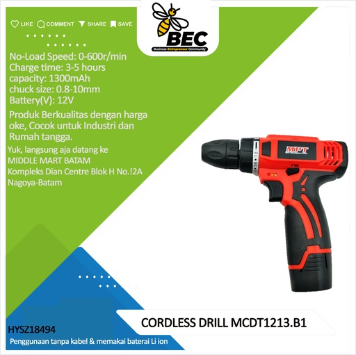 [HYSZ18494] CORDLESS DRILL MCDT1213.B1 Battery(v):12V   No Load Speed:0-600r/min chuck size:0.8-10mm charge time:3-5hours  Battery  capacity:1300mAh  