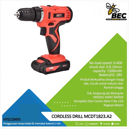 [HYSZ18495] CORDLESS DRILL MCDT1823.A2 Battery(v):18V  No LoadSpeed:0-400/0-1450r/min   chuck size:0.8-10mm 
charge time:1hours  Battery capacity:1300mAh     
Packing：BMC+Color Box Battery  capacity:1300mAh  