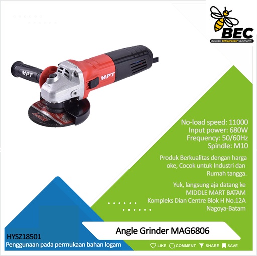 [HYSZ18501] Angle Grinder MAG6806 Voltage: 220-240V      Frequency: 50/60Hz     Input Power: 680W  No-load Speed: 11000r /min                  Protect guardsize:100mm          
Spindle：M10